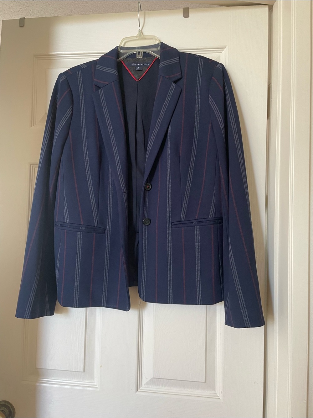 Tommy Hilfiger Navy Blazer with Red and Light Gray Pinstripes fully lined